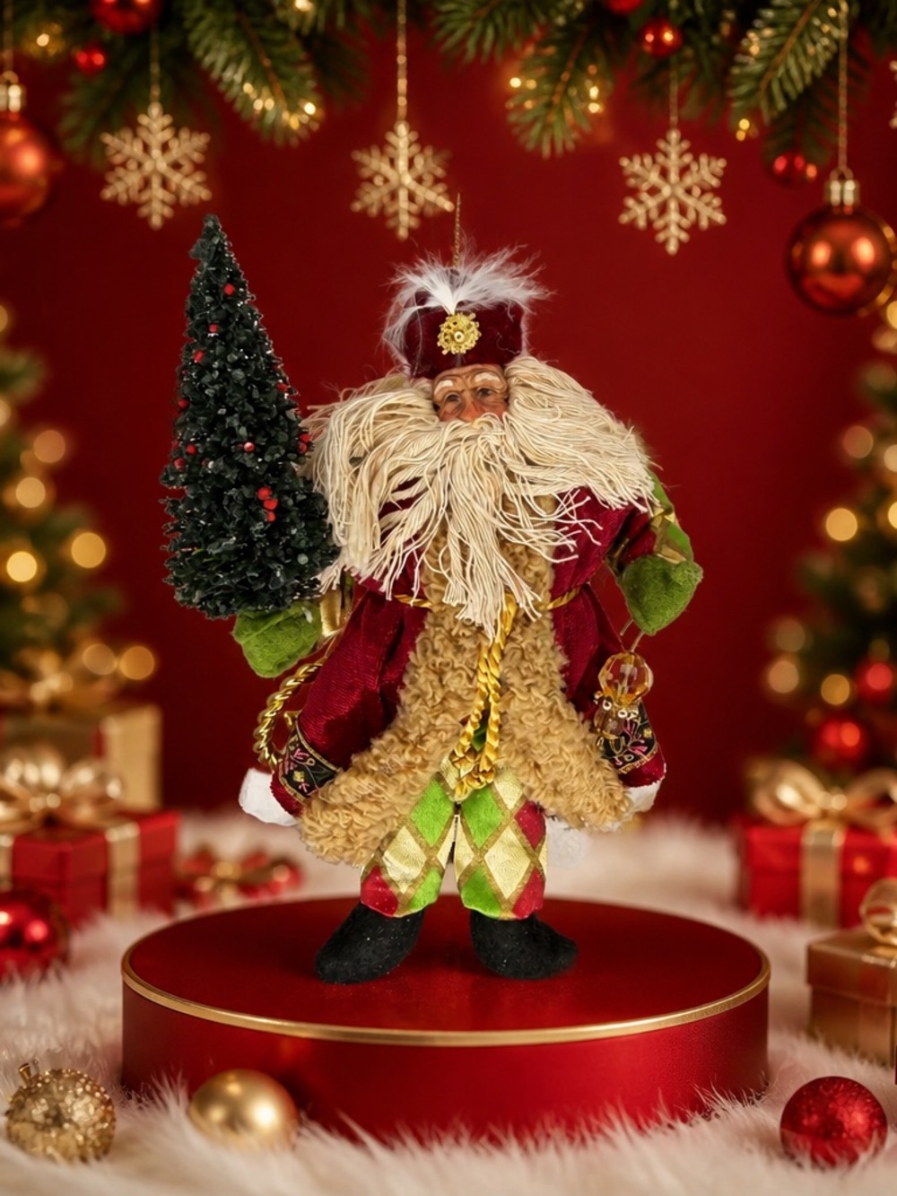 Vintage Santa Ornament Christmas Tree Holiday Decor Plush Hanging Figure
